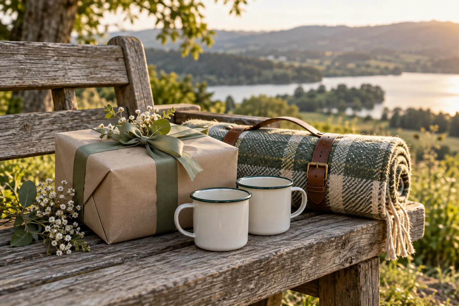 Thoughtful gift and shared outdoor essentials on a bench