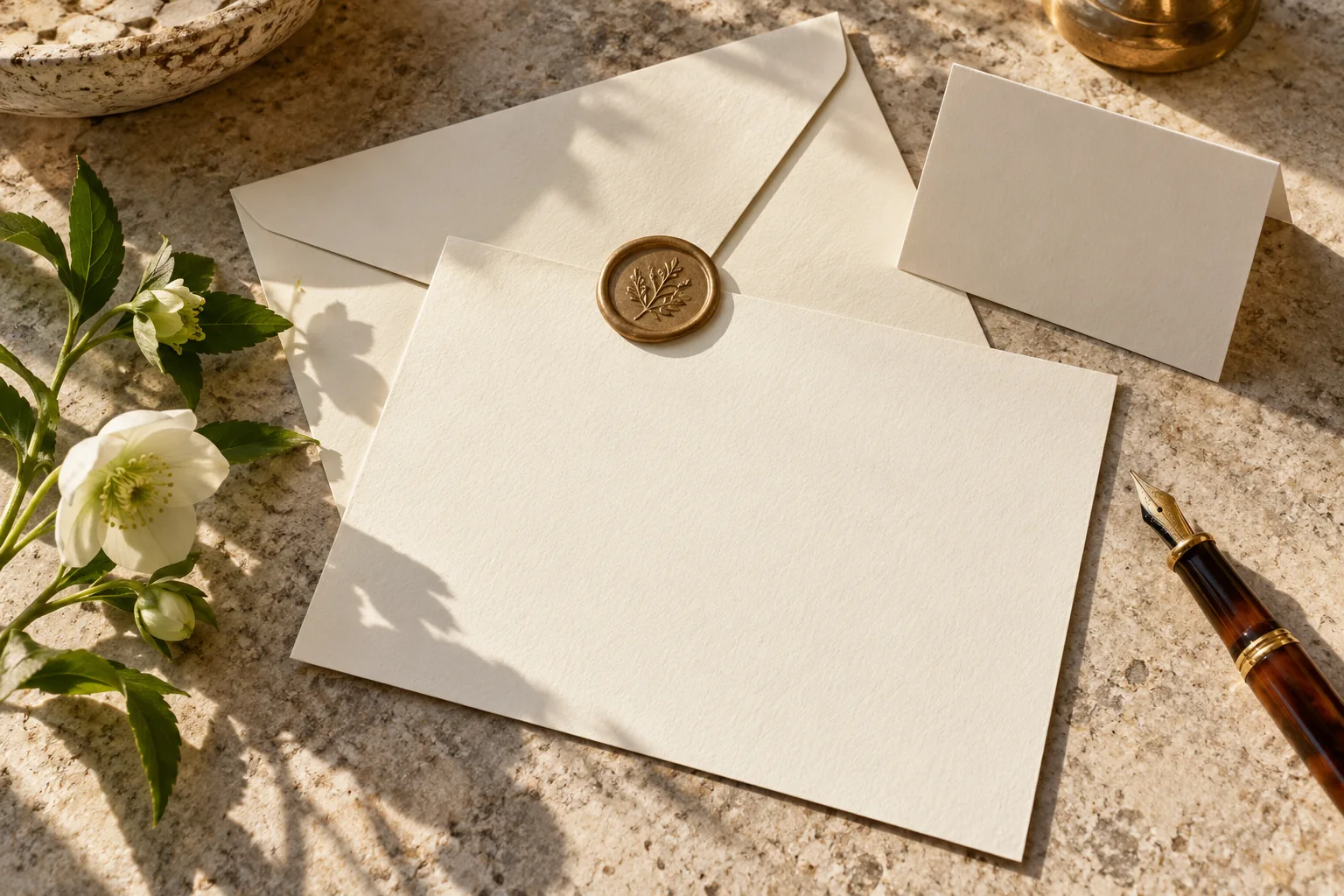 Blank wedding stationery and card on a textured table